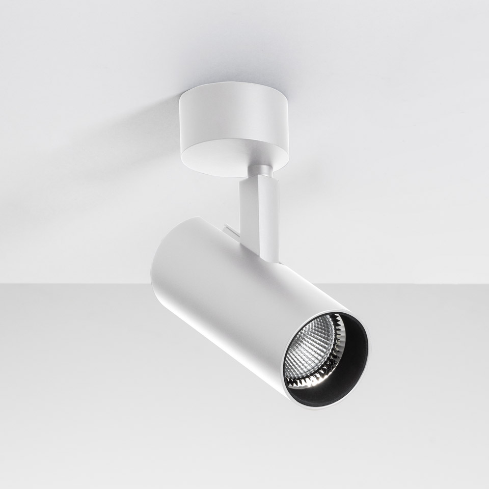Artemide Vector Ceiling spotlight in white, adjustable cylindrical LED head mounted on ceiling base, directed downward