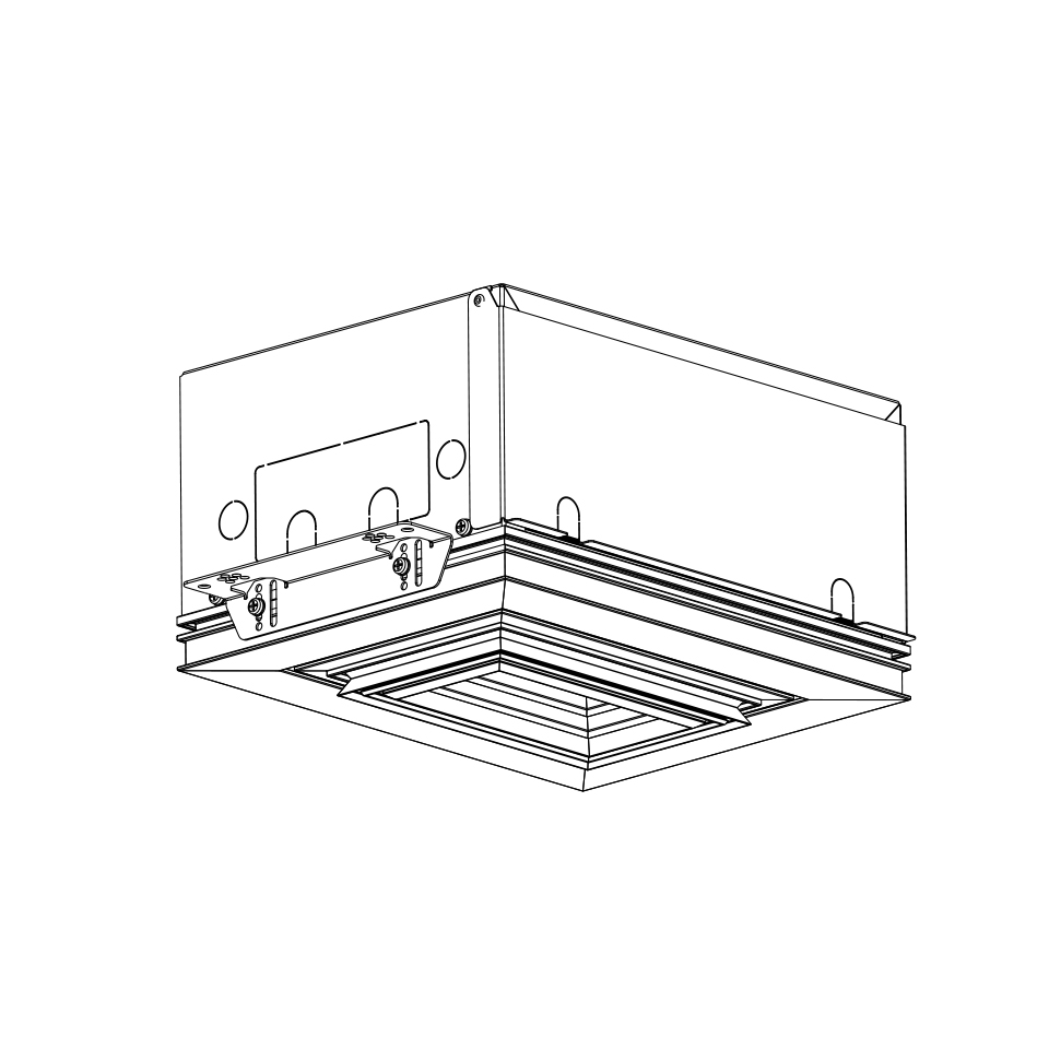 Artemide Vector Channel recessed ceiling fixture, square housing with stepped frame, shown in technical line drawing from isometric view