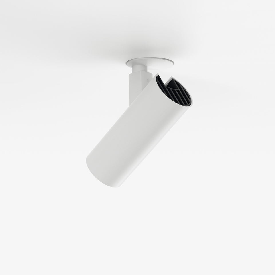 Artemide Vector ceiling spotlight in white, cylindrical body with black anti-glare louvre, adjustable directional mount