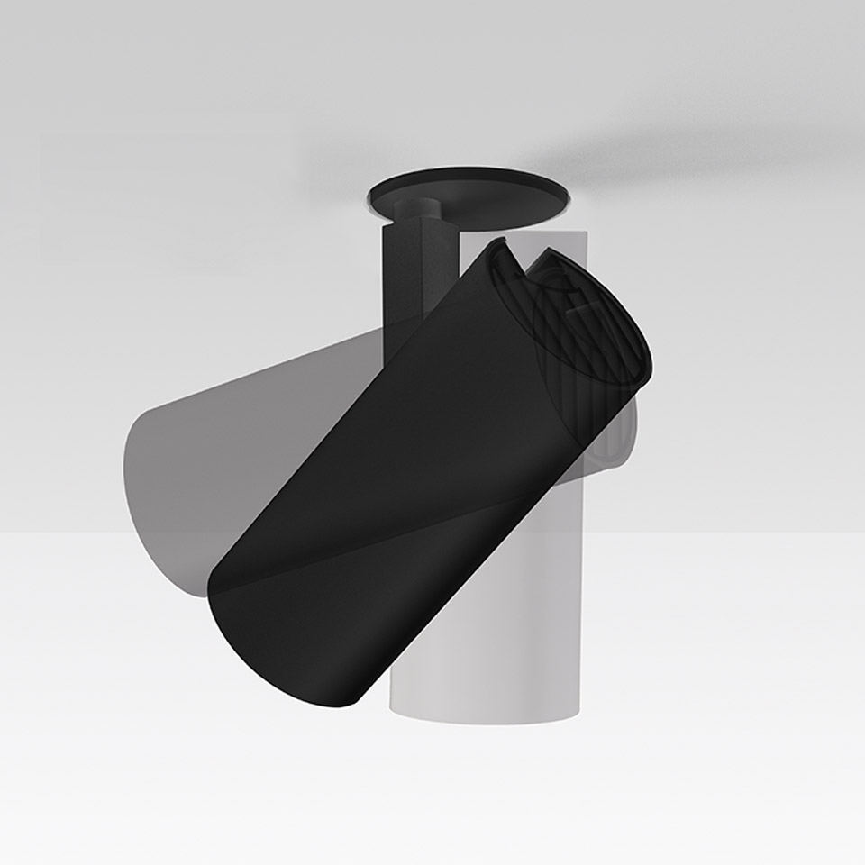 Artemide Vector Recessed ceiling spotlight in black, featuring a cylindrical rotating head tilted at an angle for directional lighting