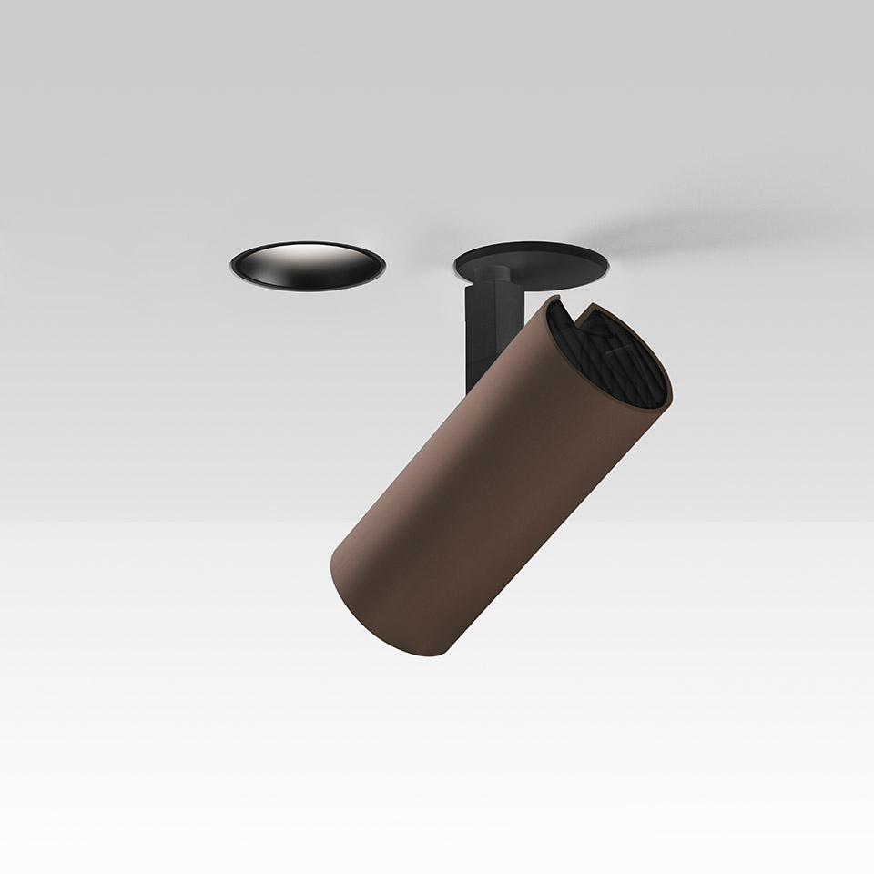 Artemide Vector Recessed ceiling spotlight: black flush trim on left, adjustable bronze cylindrical head on black mount on right