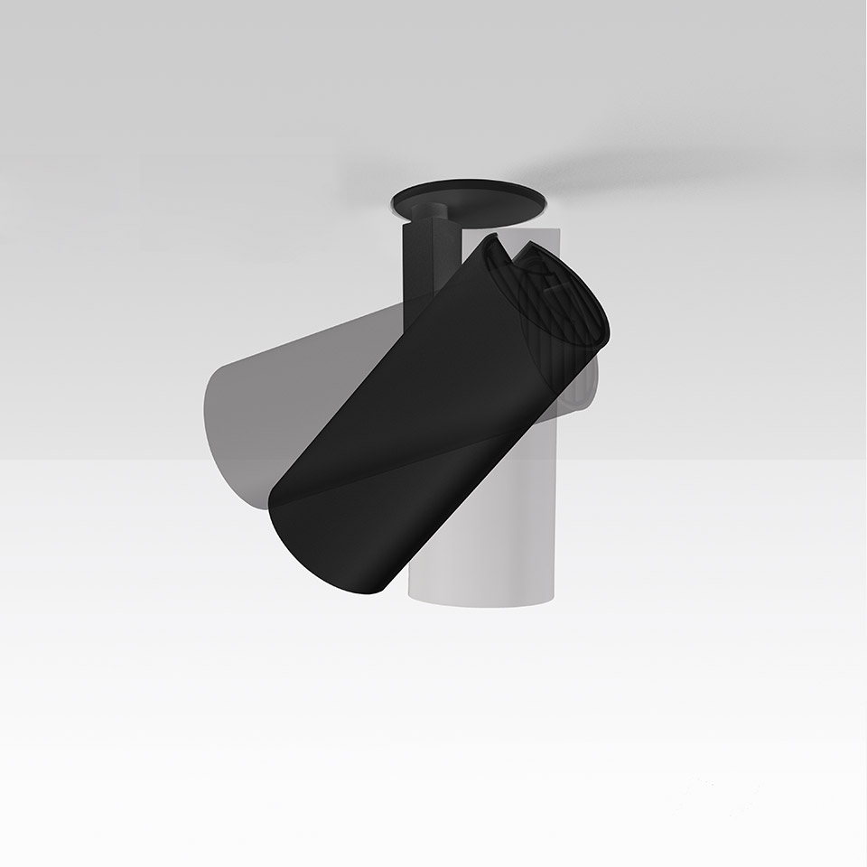 Artemide Vector Recessed ceiling spotlight in black, featuring a cylindrical body with twisted head, angled for directional lighting.