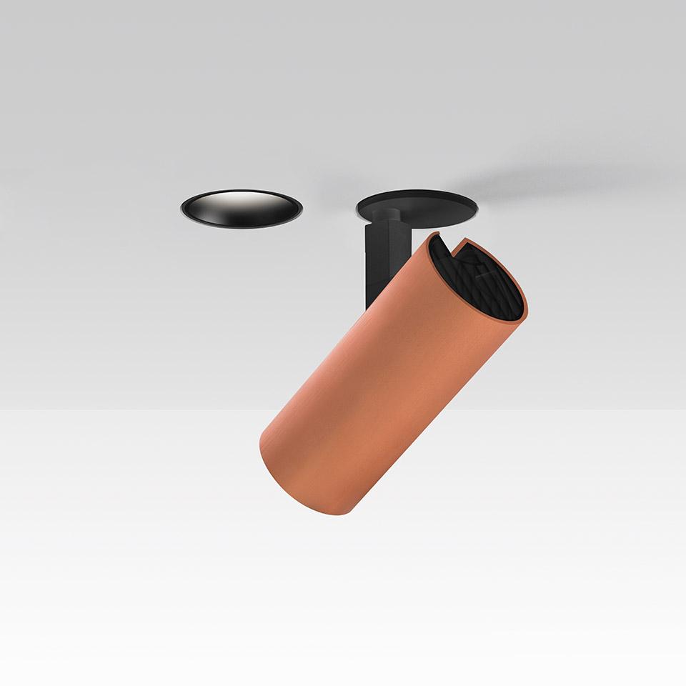 Artemide Vector Recessed spotlight: adjustable terracotta cylindrical head on black recessed ceiling mount, shown with trim-less version
