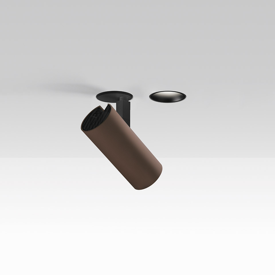 Artemide Vector Recessed spotlight: adjustable bronze cylindrical head with honeycomb anti-glare, black recessed ceiling mount