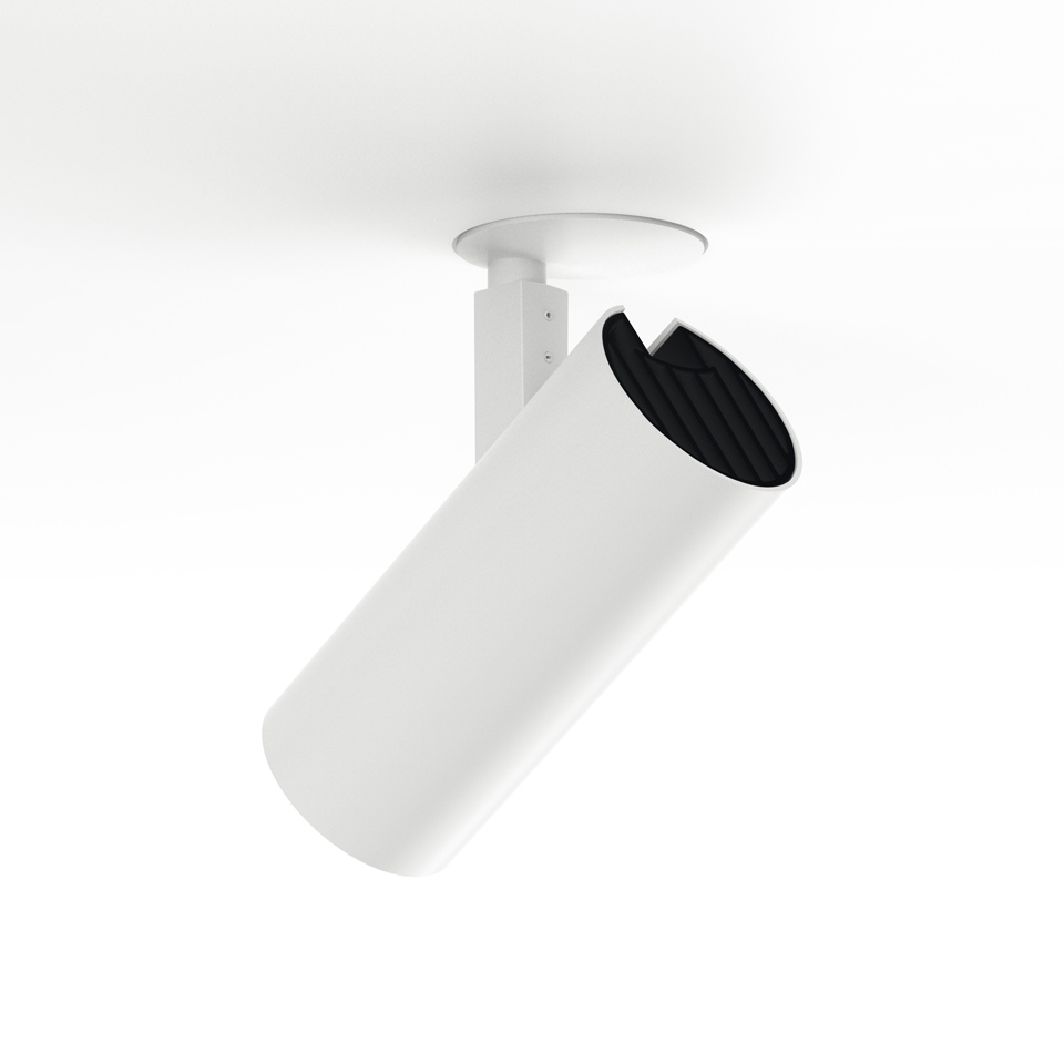 Artemide Vector Recessed spotlight: white cylindrical adjustable ceiling fixture with black anti-glare louvre, mounted on ceiling