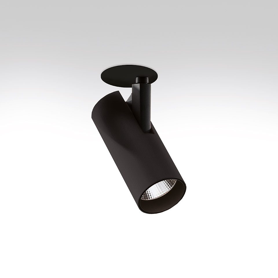 Artemide Vector Semirecessed spotlight: black cylindrical adjustable LED fixture with recessed ceiling mount and tilted tube head