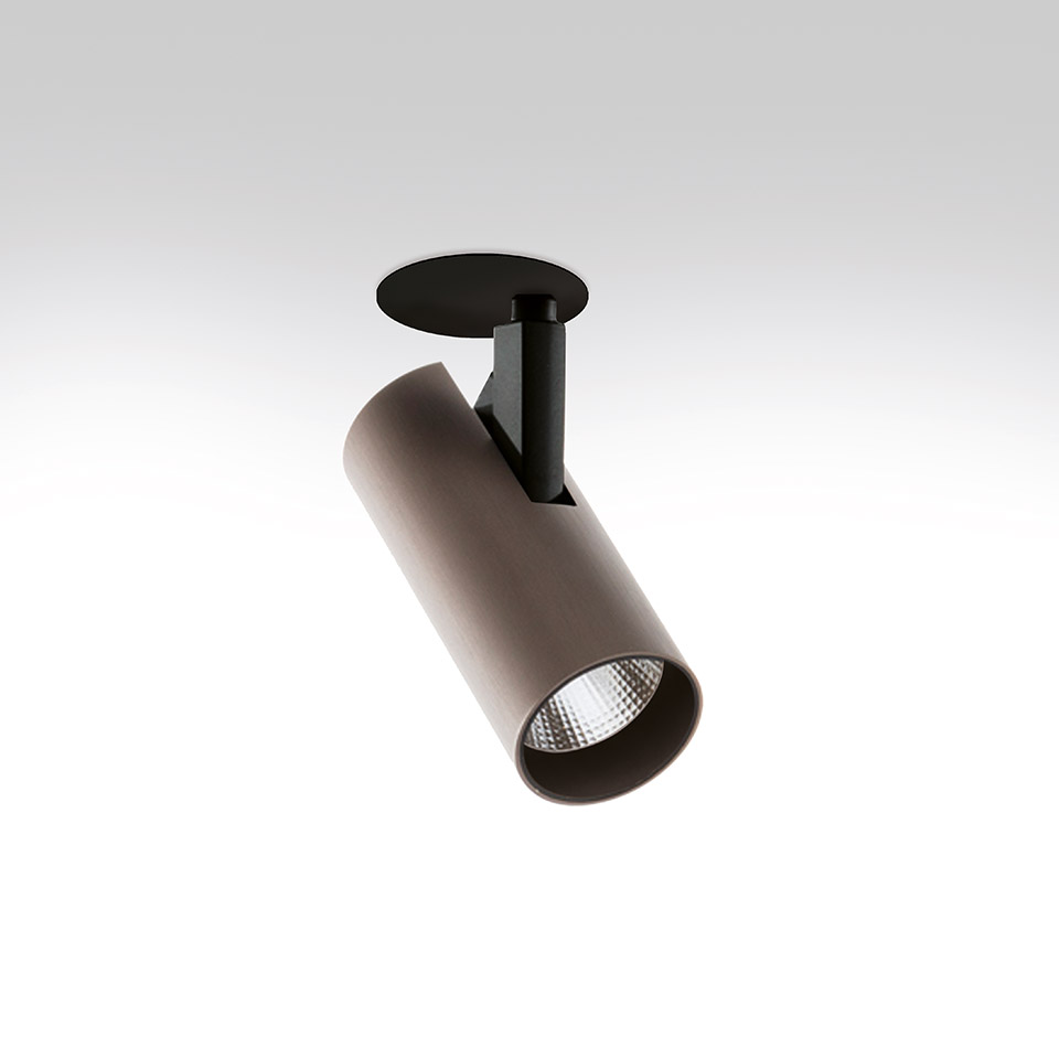 Artemide Vector Semirecessed spotlight: adjustable bronze cylindrical LED fixture with black recessed ceiling mount
