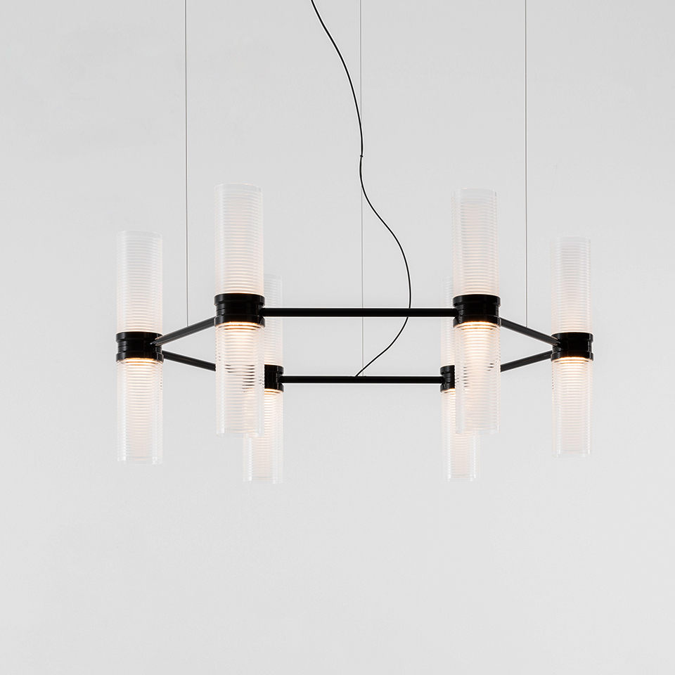 Artemide Zephyr chandelier: black rectangular frame suspending 8 ribbed glass cylinder pendants arranged symmetrically on cable