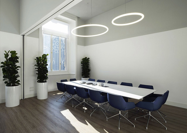 Conference room with three circular LED ring pendant lights above a white table surrounded by blue chairs and white potted plants.