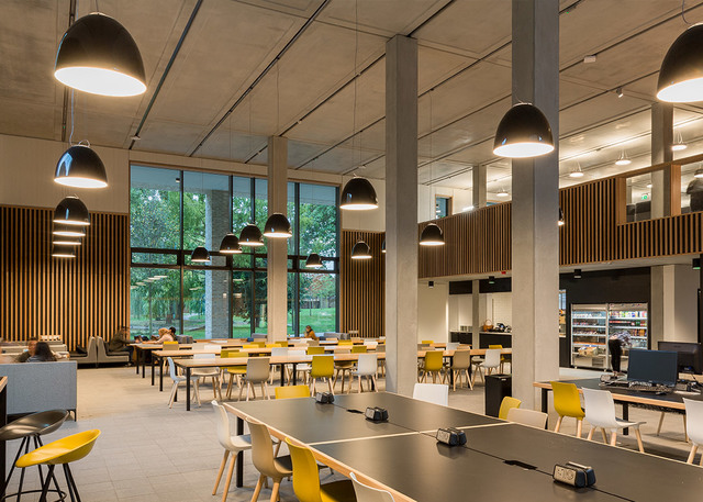 Modern cafeteria with black conical pendant lights illuminating rows of dark tables and yellow chairs, concrete ceiling, wood-paneled walls.