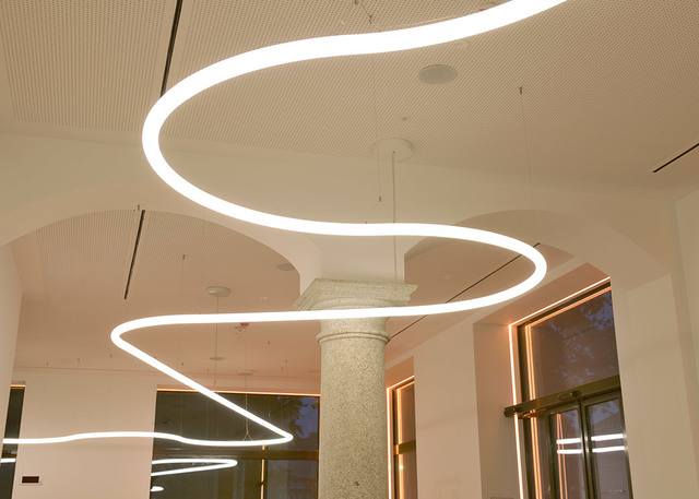 Sinuous continuous LED light rings suspended from ceiling, creating elegant flowing curves around a classical column in a bright interior space.