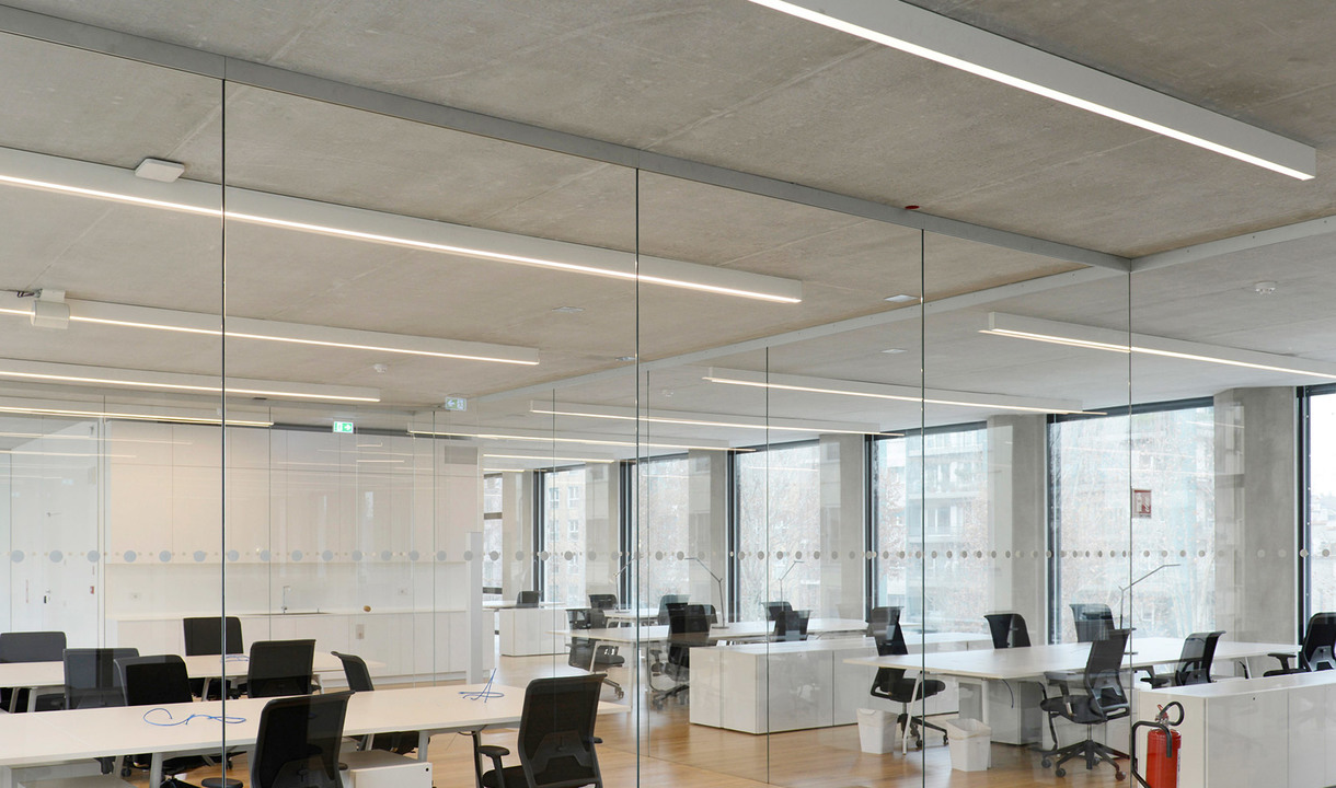 Modern open-plan office with linear LED pendant lights suspended from exposed concrete ceiling, illuminating workstations divided by glass partitions.