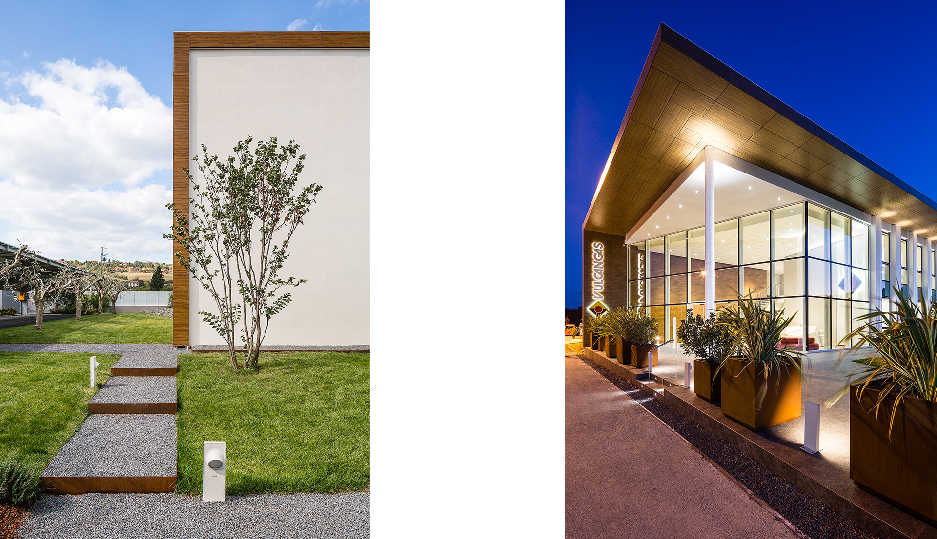 Two architectural settings: daytime garden path with ground light fixture, and illuminated modern building entrance at dusk with outdoor lighting