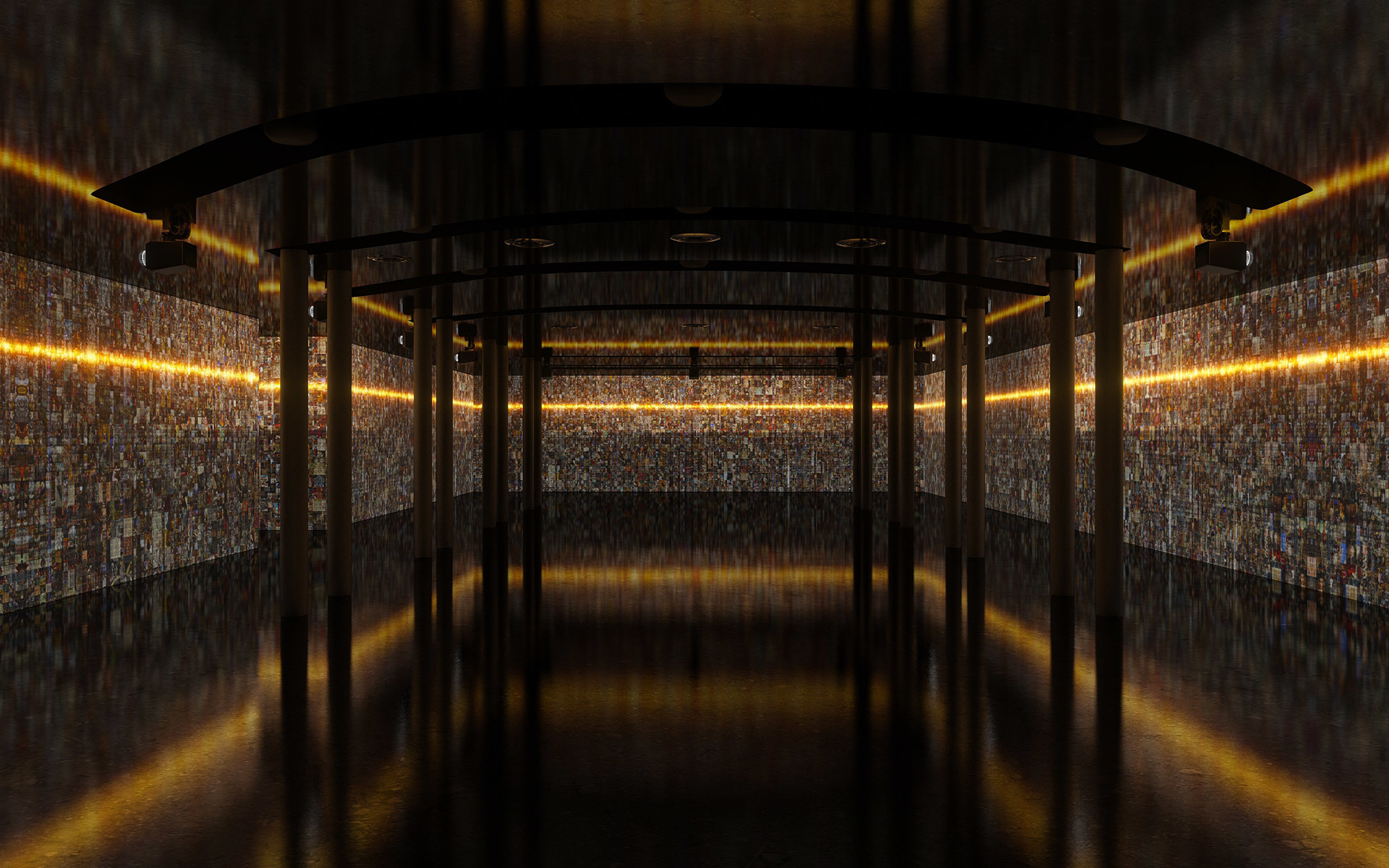 Dark corridor with mosaic-covered walls illuminated by warm golden linear LED strips running along both sides into the distance