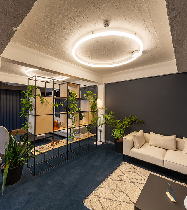 Modern lounge with Artemide circular ceiling light, white sofa, blue carpet, metal shelving with plants, and dark accent wall.