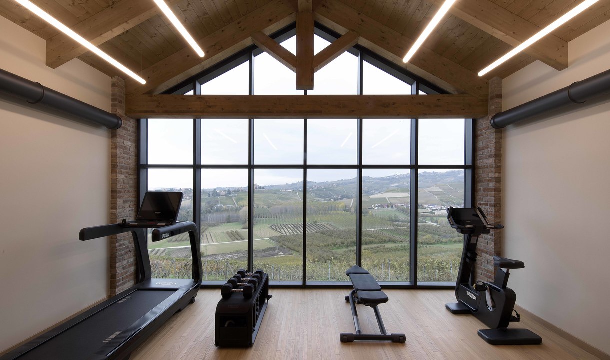 Gym with wooden ceiling featuring linear LED recessed lights, large panoramic window overlooking vineyards, treadmill and exercise bikes