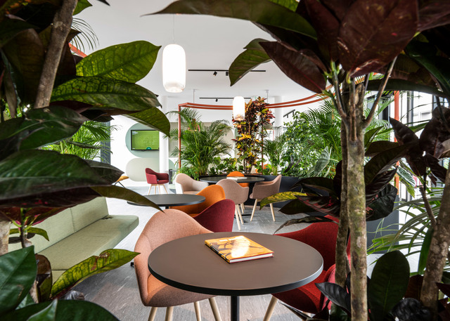 Biophilic lounge area with lush tropical plants, colorful chairs, round tables, and a white pendant lamp in a bright interior.