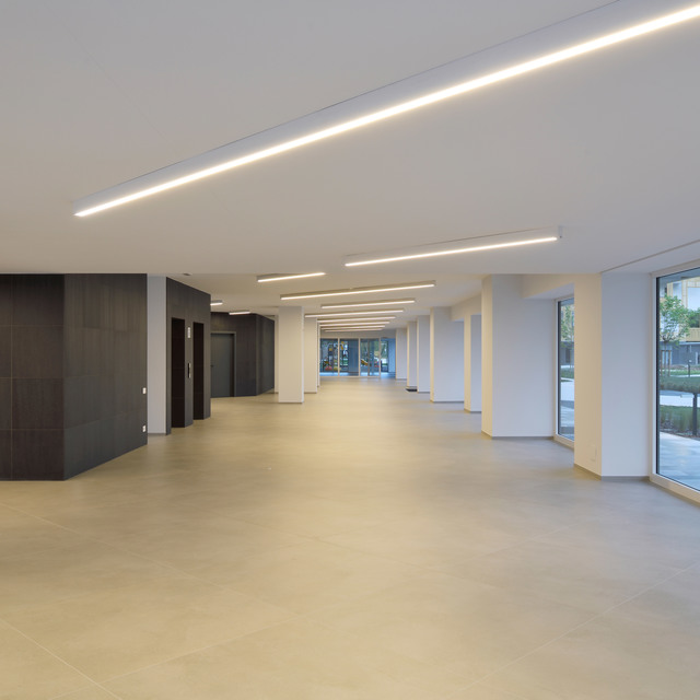 Spacious modern lobby with recessed linear LED ceiling lights illuminating a long corridor with white columns and large windows.
