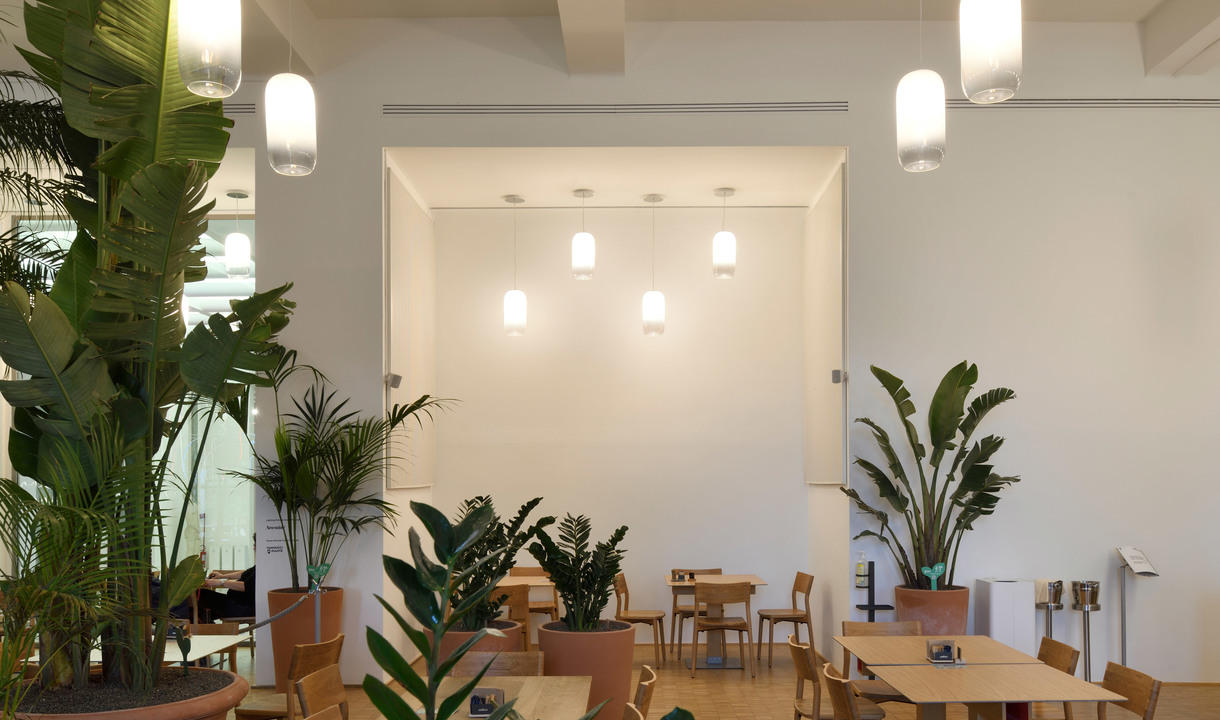 Bright café interior with cylindrical white pendant lamps, lush tropical plants, wooden tables and chairs, and recessed ceiling lights.