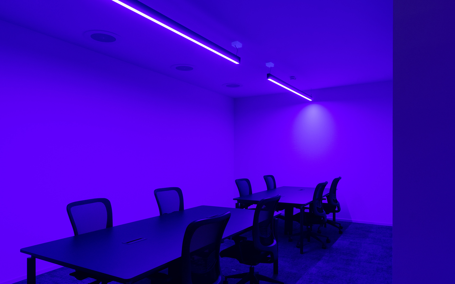 Conference room bathed in purple light from a linear ceiling LED fixture, with dark tables and mesh chairs arranged for meetings