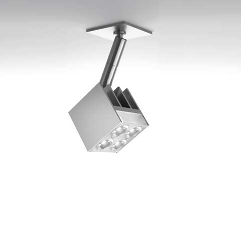 Artemide 37 Cube ceiling spotlight in brushed aluminum with adjustable arm and 9-LED square head mounted on ceiling
