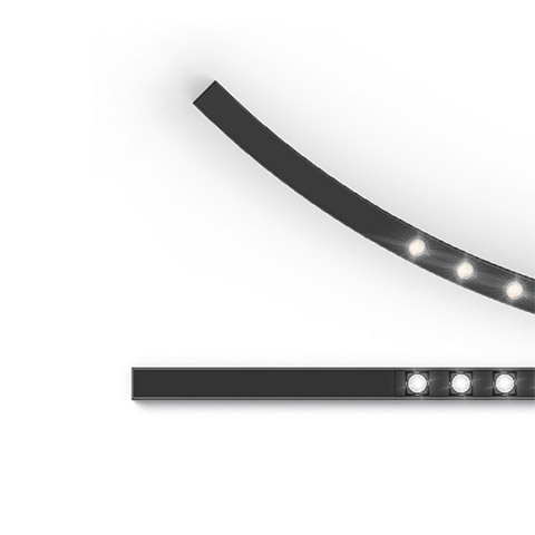 Artemide A.24 Sharping LED strip: flexible curved profile and straight module with discrete point light sources in dark finish