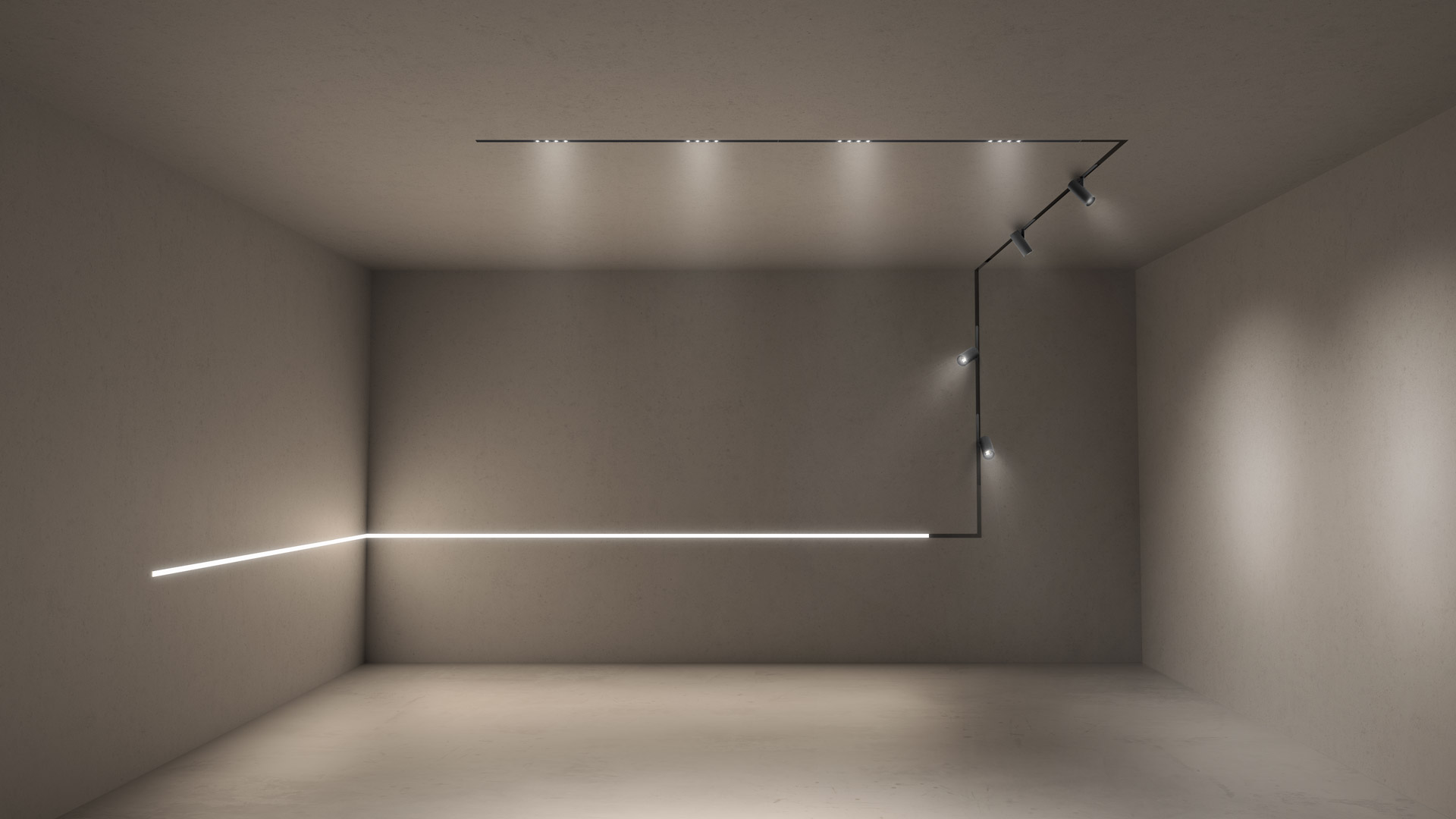Artemide A.24 track system in black: linear LED rail with spotlights and A.24 Emissione panel on ceiling