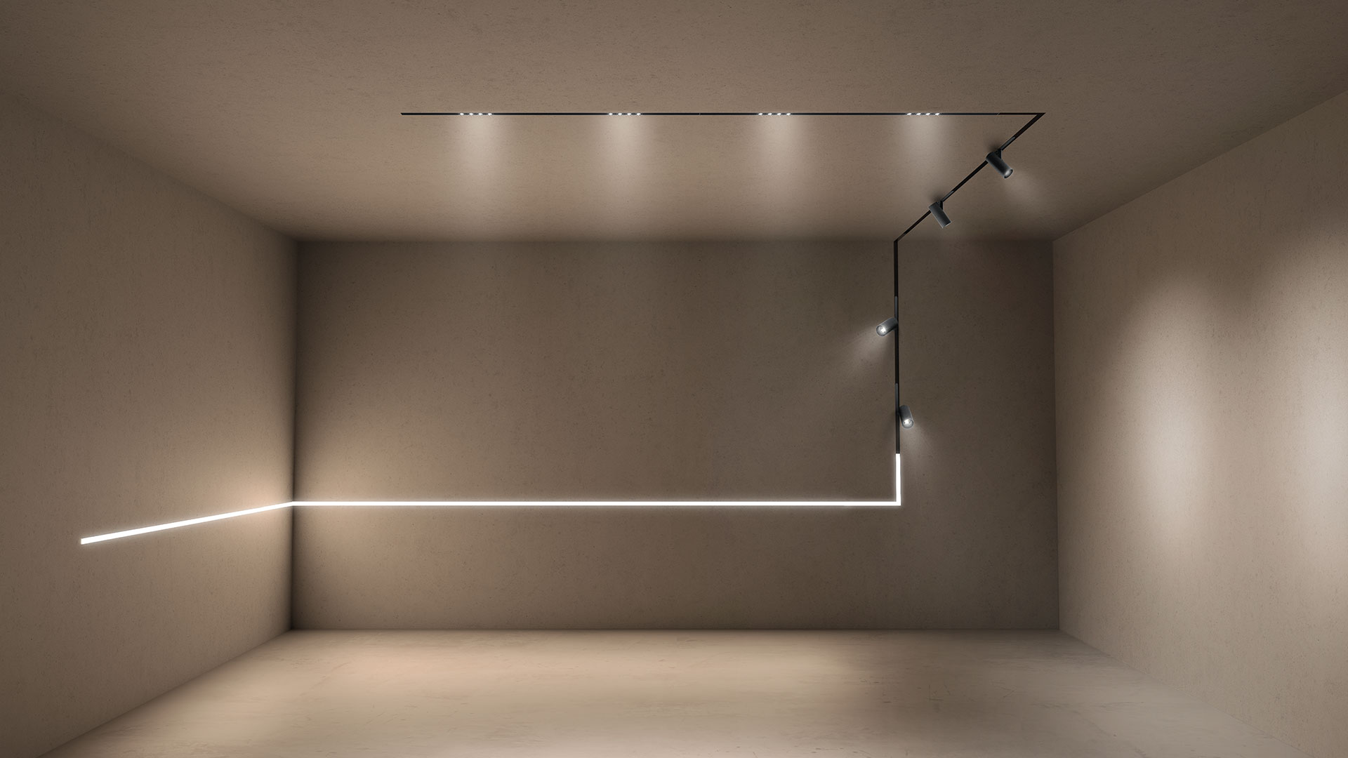 Artemide A.24 black ceiling track system with diffused linear LED light bar and adjustable spot fixture for accent lighting