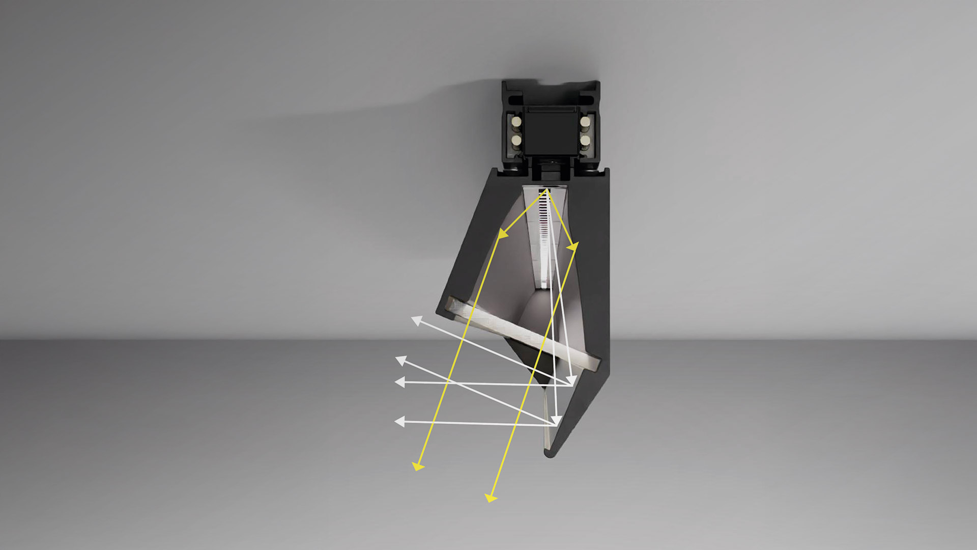 Artemide A.24 Wall Washer: dark angular ceiling fixture with LED source, showing light beam distribution diagram with yellow and white arrows