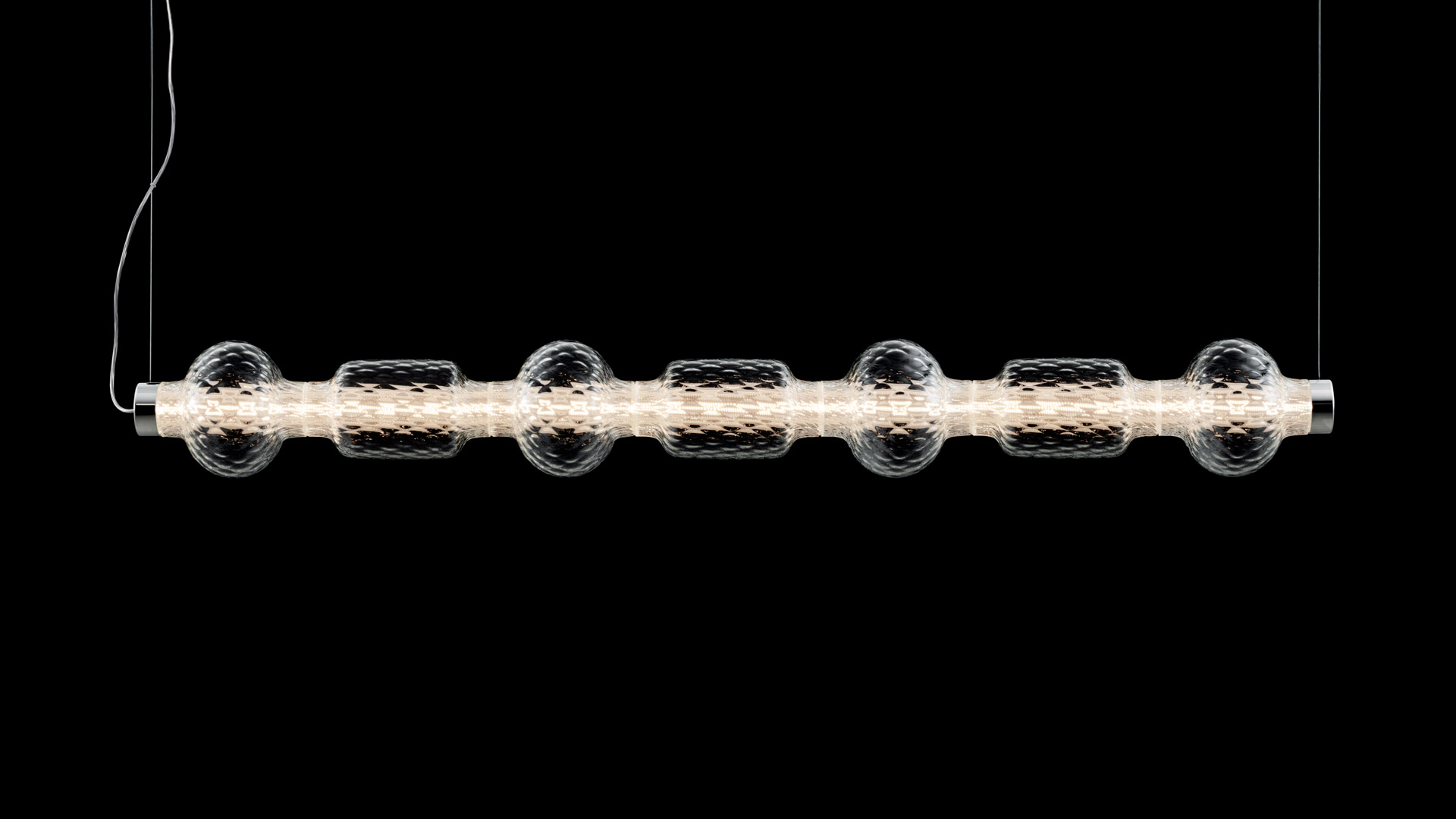 Artemide Alambicco pendant lamp: vertical and horizontal views of a glass tube with spherical bulb-shaped segments on a metal rod