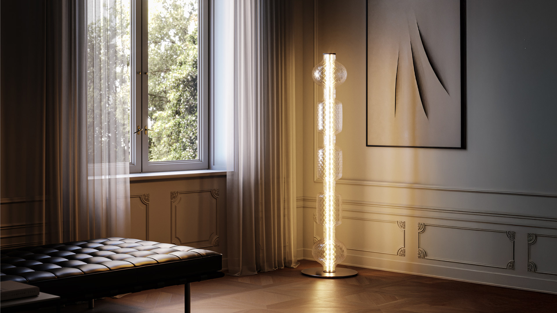 Artemide Alambicco pendant lamp with stacked glass globes hanging near floor-to-ceiling windows overlooking a lake at sunset