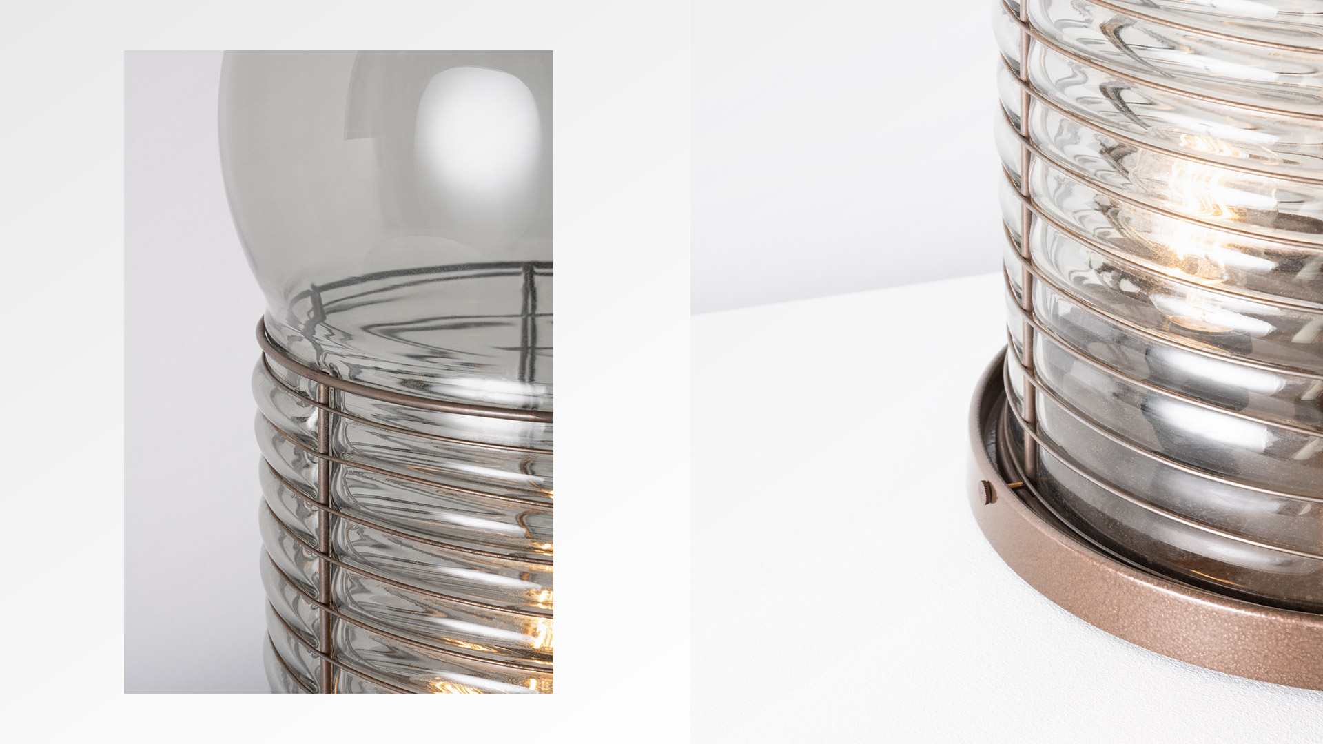 Artemide Alcinoo table lamp: upright unit with wire cage and glass dome, alongside a second unit lying on its side