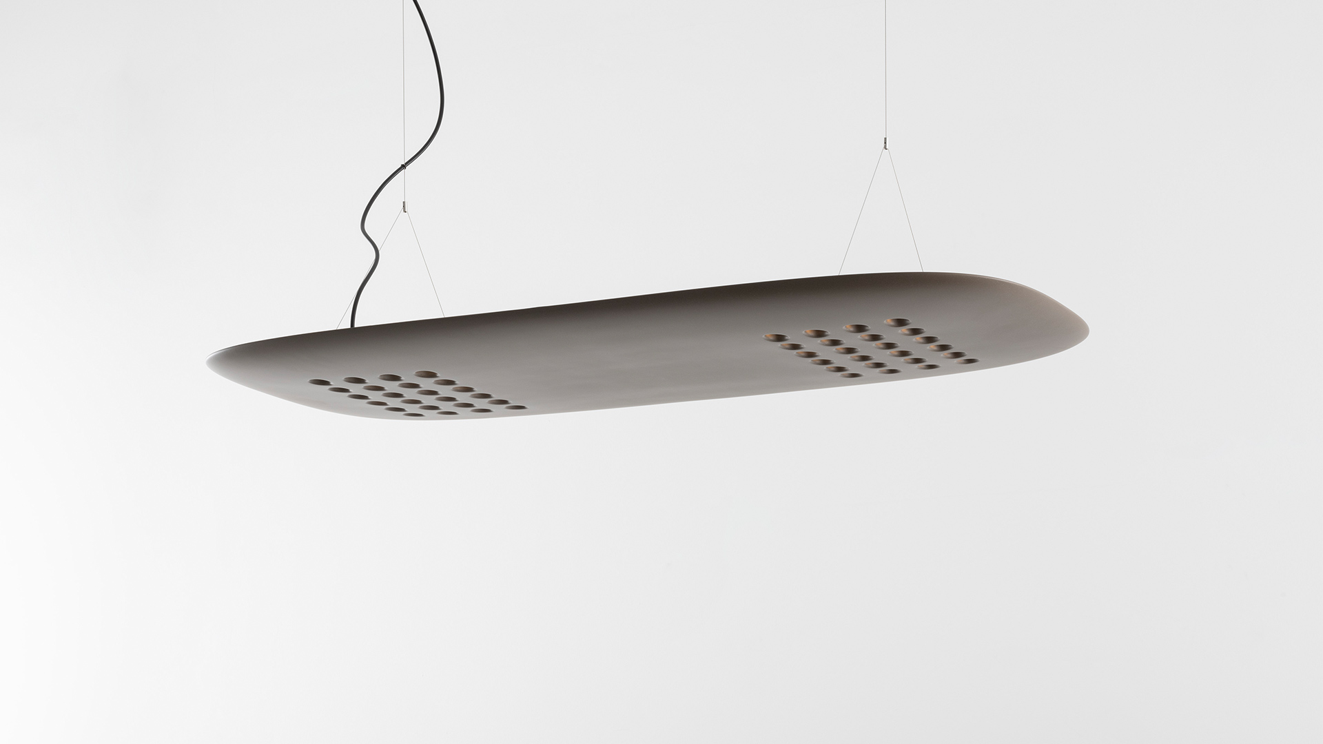 Artemide ALE.01 oval pendant lamp in grey, with perforated surface for light diffusion, suspended by thin cables and black cord