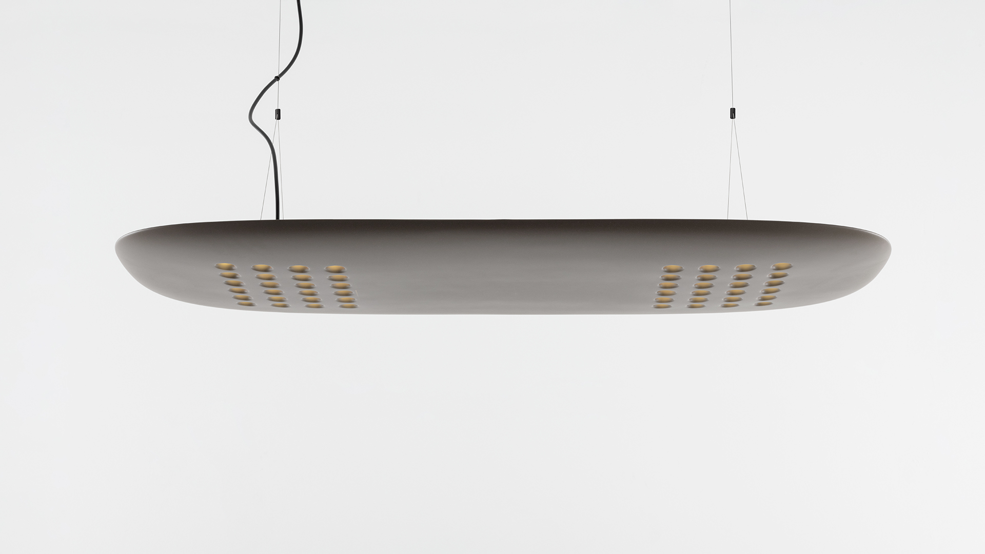 Artemide ALE.01 oval pendant lamp in white, suspended by black cord and two thin wires, with downward LED light slots