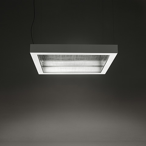 Artemide Altrove pendant lamp: square aluminum frame with mesh diffuser and fluorescent tubes, suspended by black cables