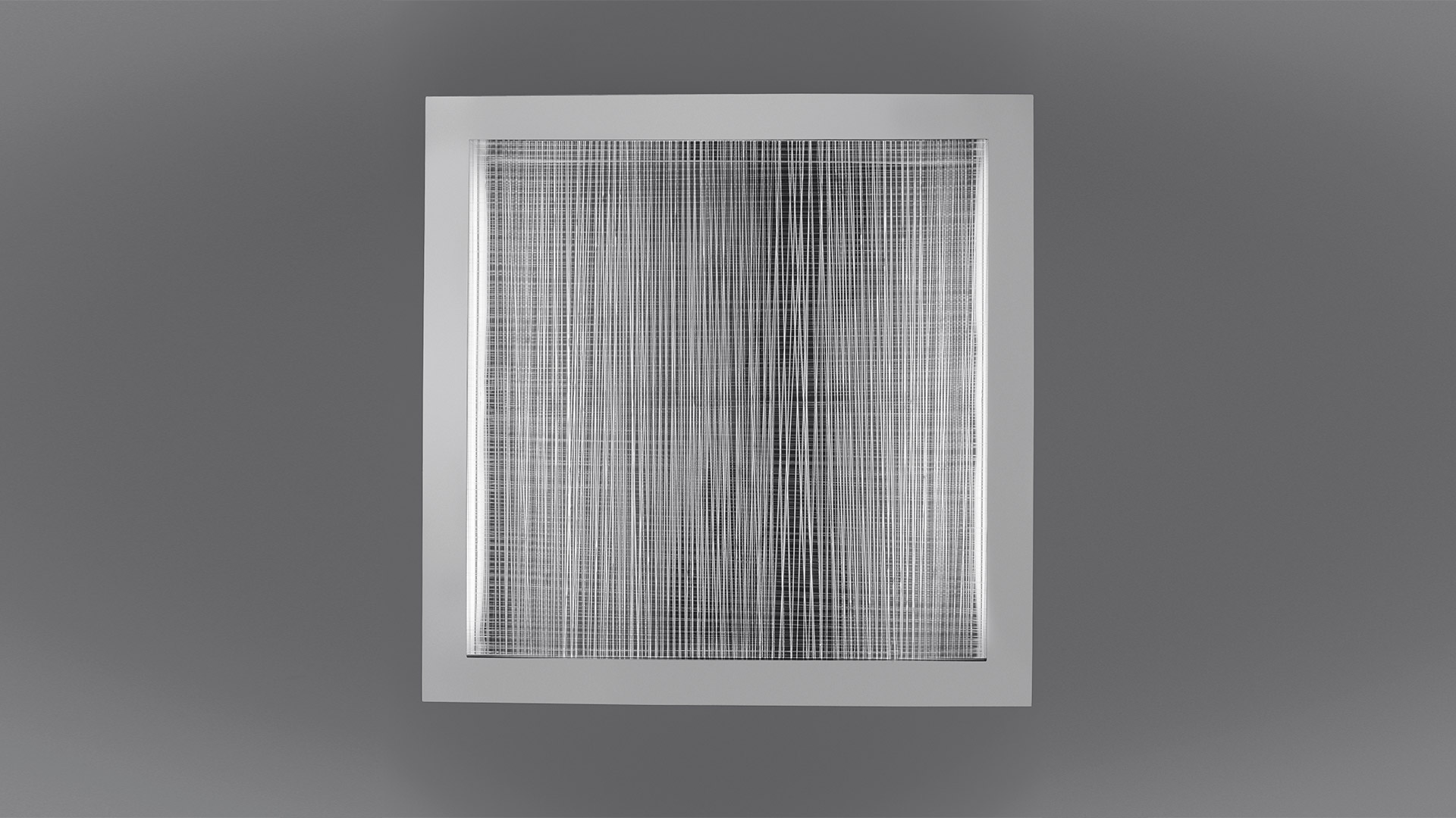 Artemide Altrove wall/ceiling lamp: square white frame with fine vertical light-diffusing threads creating a soft optical effect