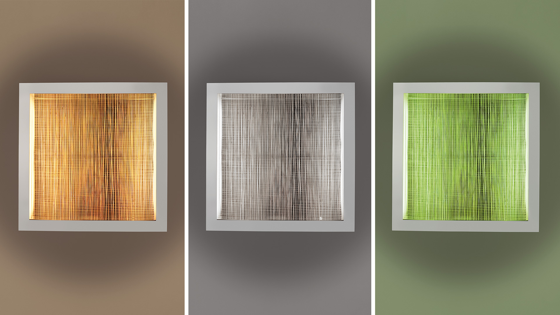 Artemide Altrove wall/ceiling lamp in three color variants: warm amber, neutral gray, and vibrant green, with woven textile diffuser in white frame