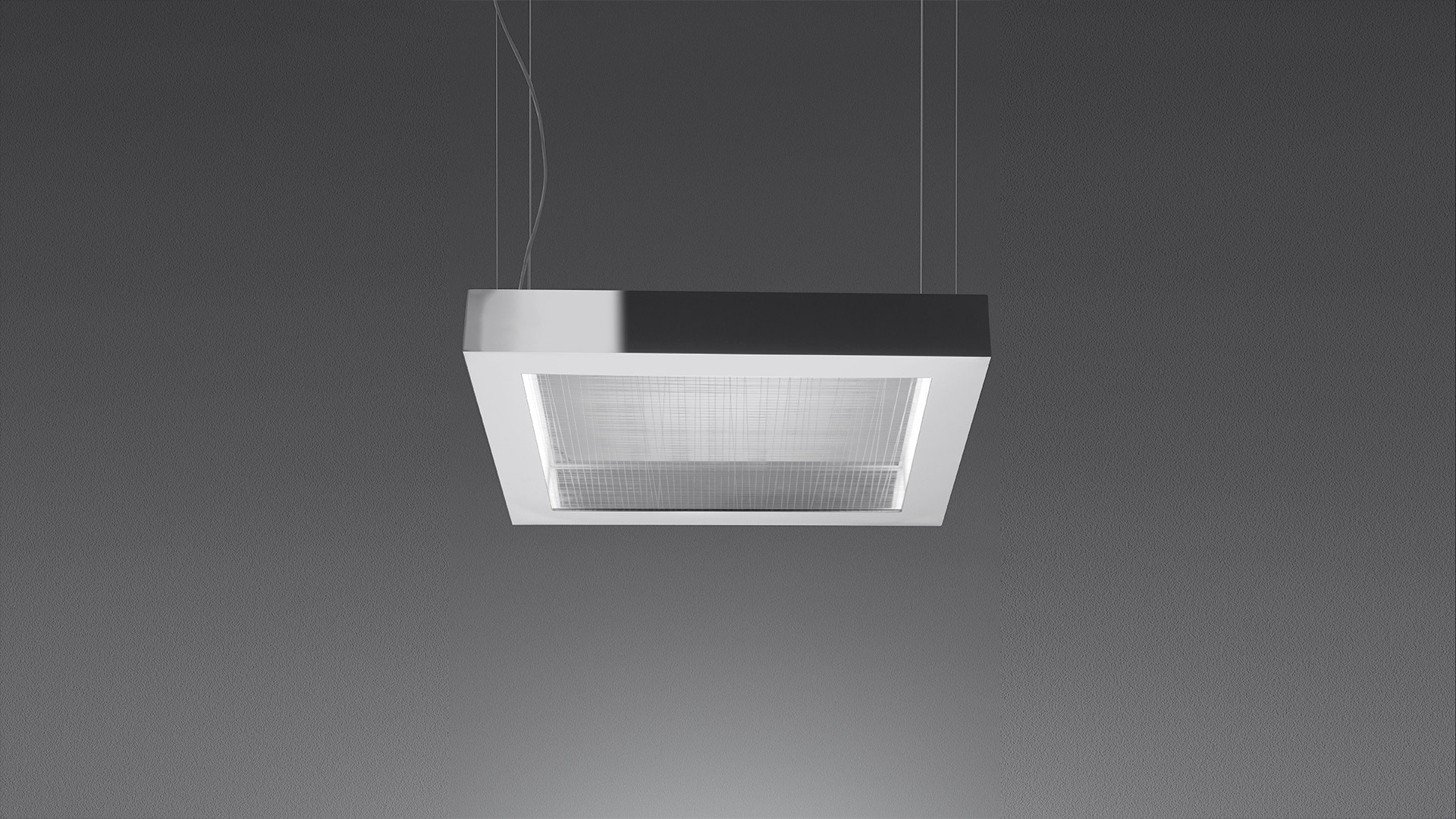 Artemide Altrove Sospensione: square pendant lamp in white and black with textured diffuser emitting warm indirect light, suspended by thin cables