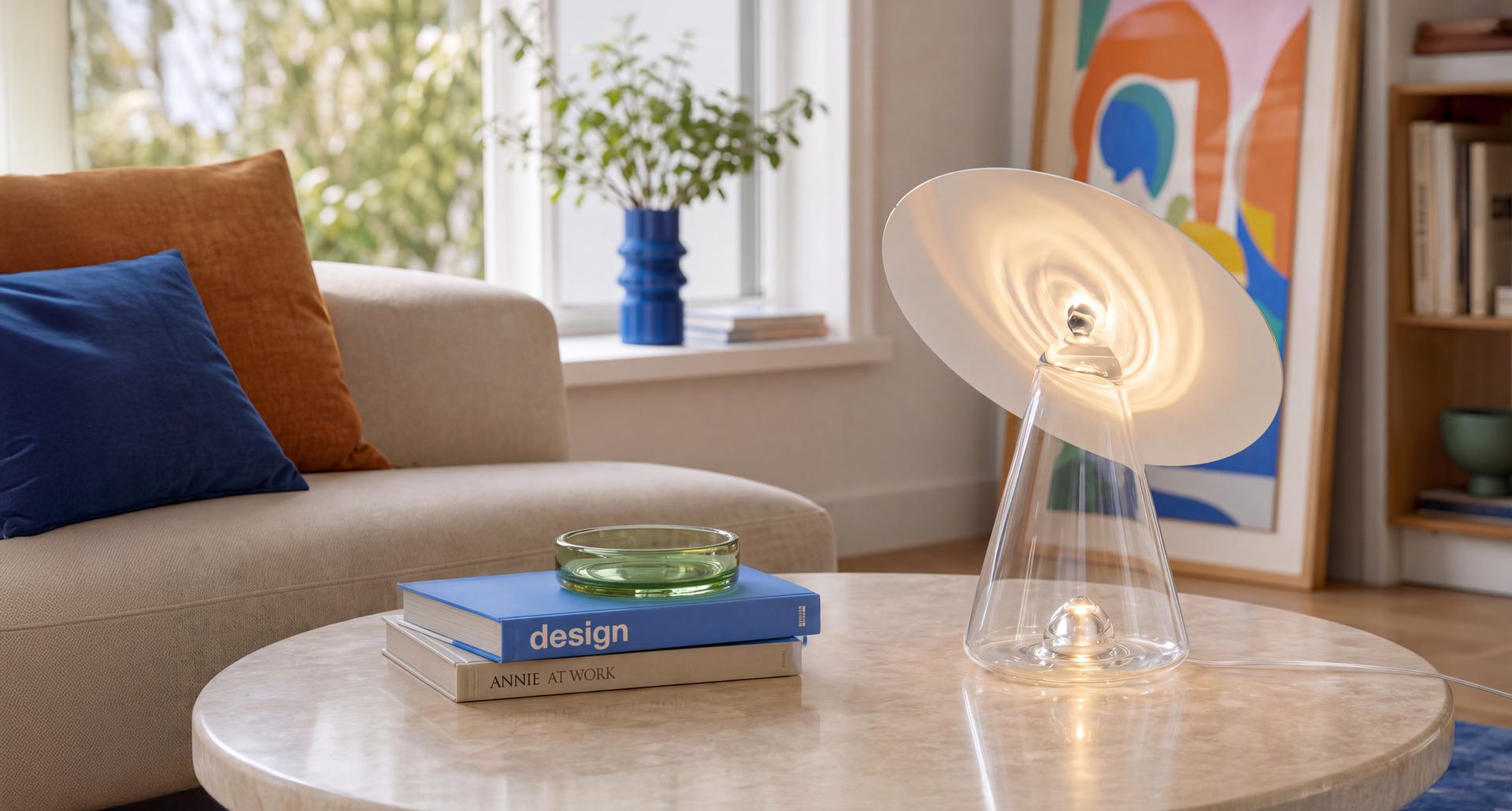 Artemide Boltons table lamp with wide red disc shade and silver reflector, styled with a model in red against a deep blue background