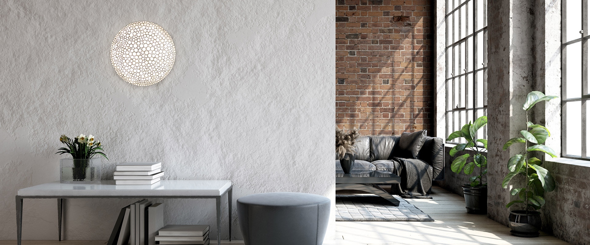 Artemide Calipso wall lamp with circular perforated white diffuser mounted on textured white wall above a marble desk in a modern interior