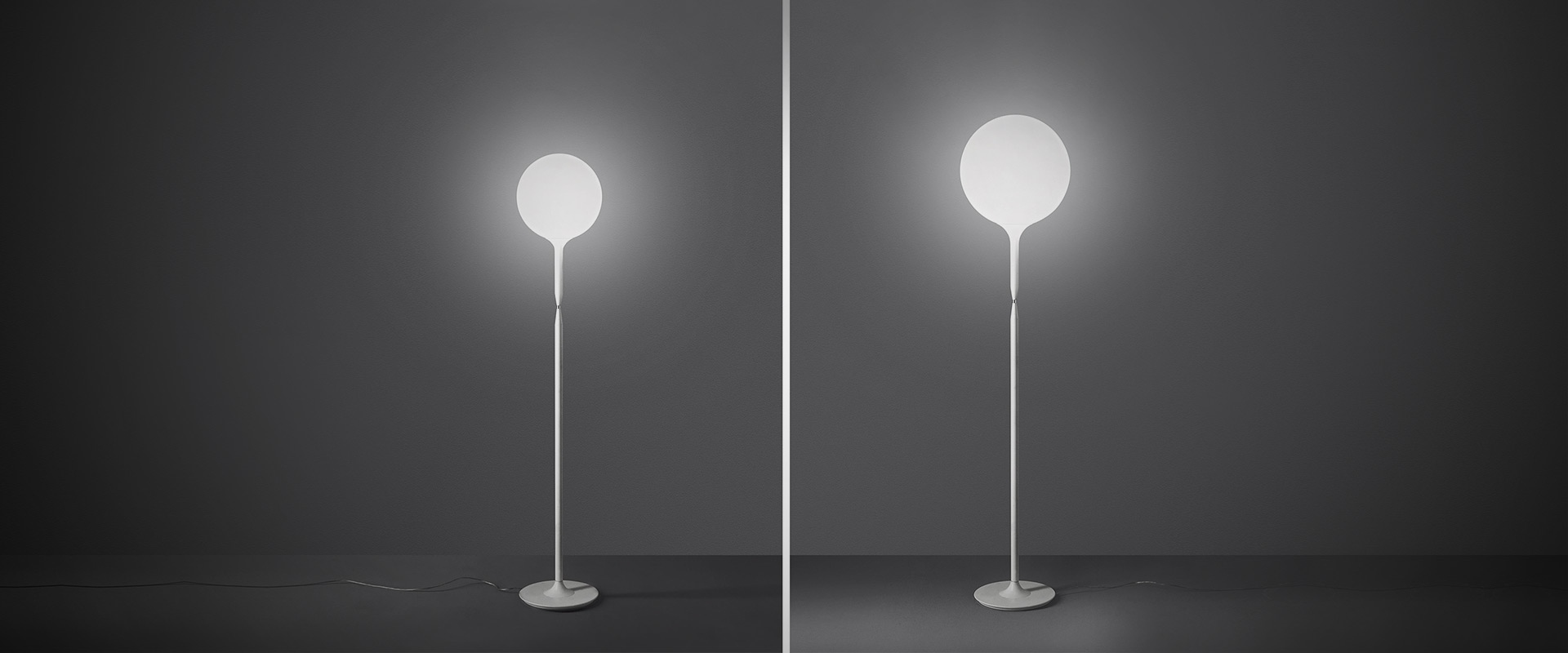 Artemide Castore Terra floor lamp shown twice: left with warm glowing spherical white diffuser, right unlit, both on slim white stem