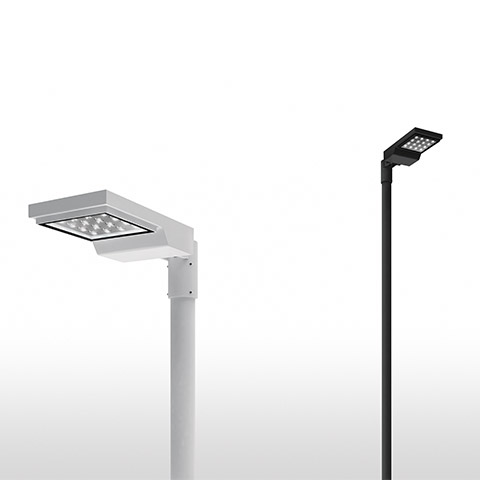 Artemide Cefiso Pole outdoor LED street lamps: white version left, dark grey version right, both on slim poles