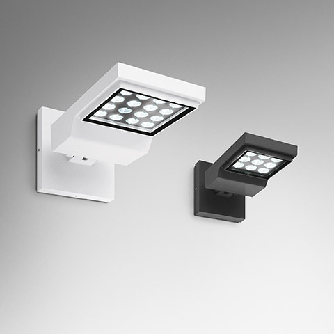 Two Artemide Cefiso LED wall spotlights: larger white and smaller dark grey, each with adjustable square lamp head mounted on wall bracket