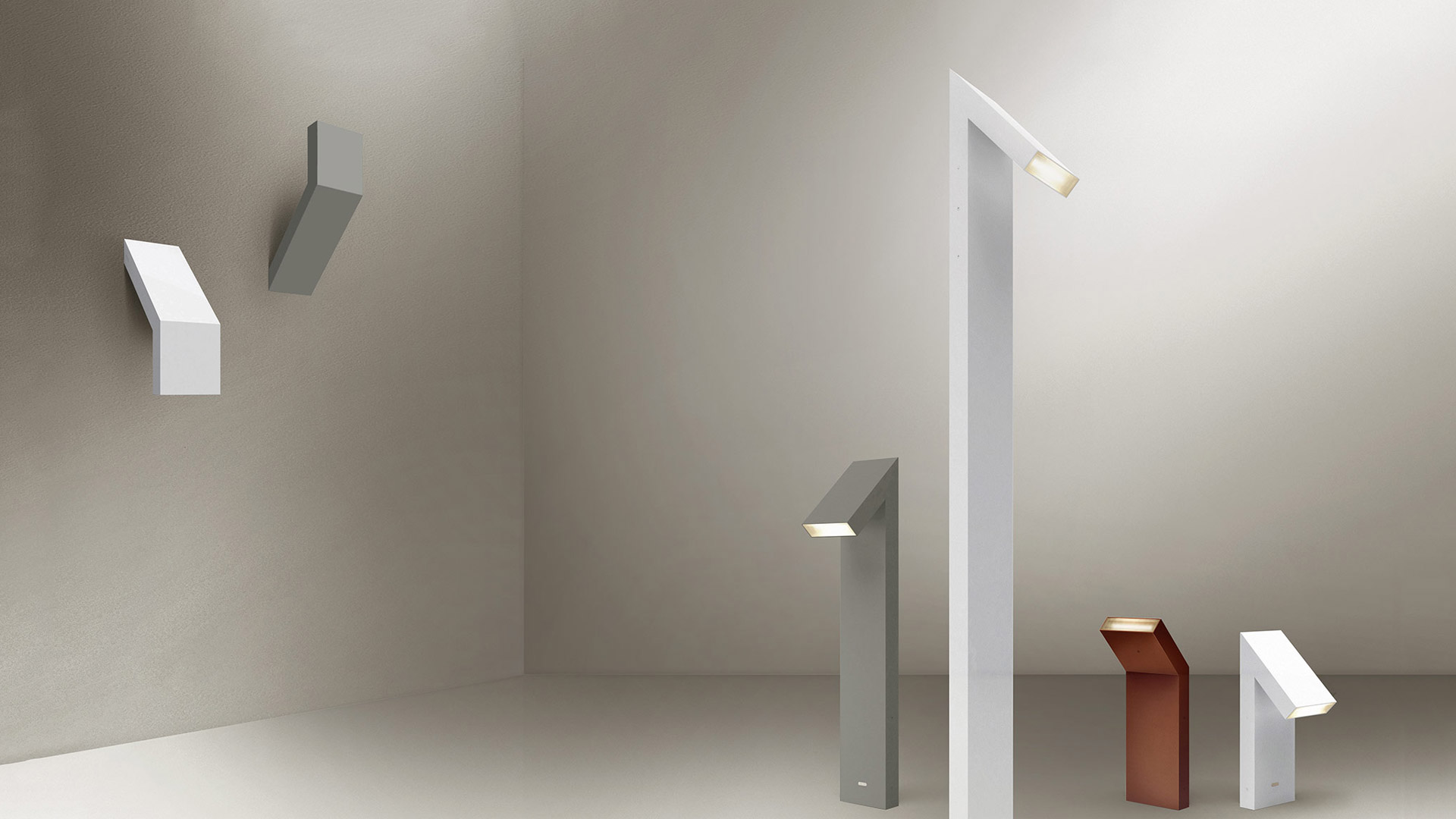 Artemide Chilone collection: angular geometric LED lights in white, grey, and terracotta, shown as wall, floor, and bollard versions