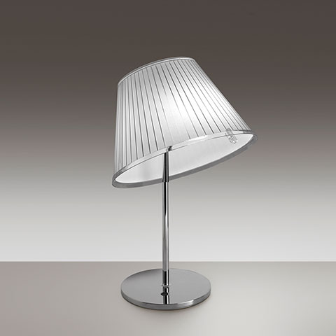 Artemide Choose table lamp with tilted white pleated fabric shade on a slim chrome stem and round polished chrome base