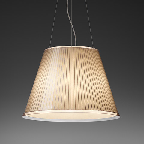 Artemide Choose Mega pendant lamp with large conical pleated fabric shade in warm beige, suspended by thin cables
