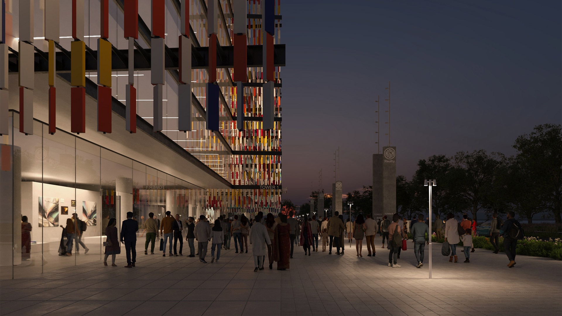 Modern building facade with colorful vertical panels illuminated at dusk, Artemide Conus street lamps lighting a busy public plaza