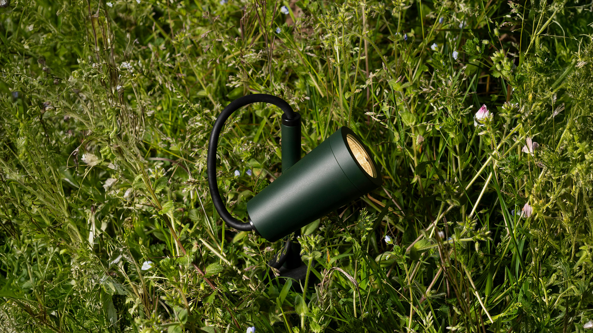 Artemide Conus outdoor spotlight in dark green, spike-mounted in a lush meadow, directing warm light upward