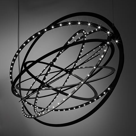 Artemide Copernico suspension lamp: black interlocking rings of varying sizes with integrated LED lights forming a spherical orbital shape