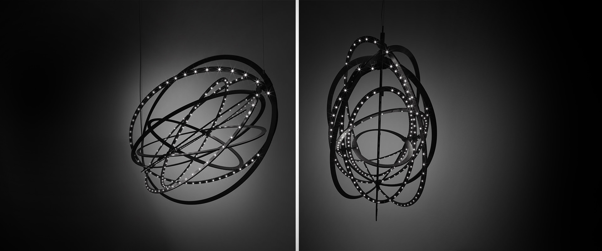 Artemide Copernico suspension lamp: two views of overlapping black metal rings with LED dots, forming an orbital sphere shape